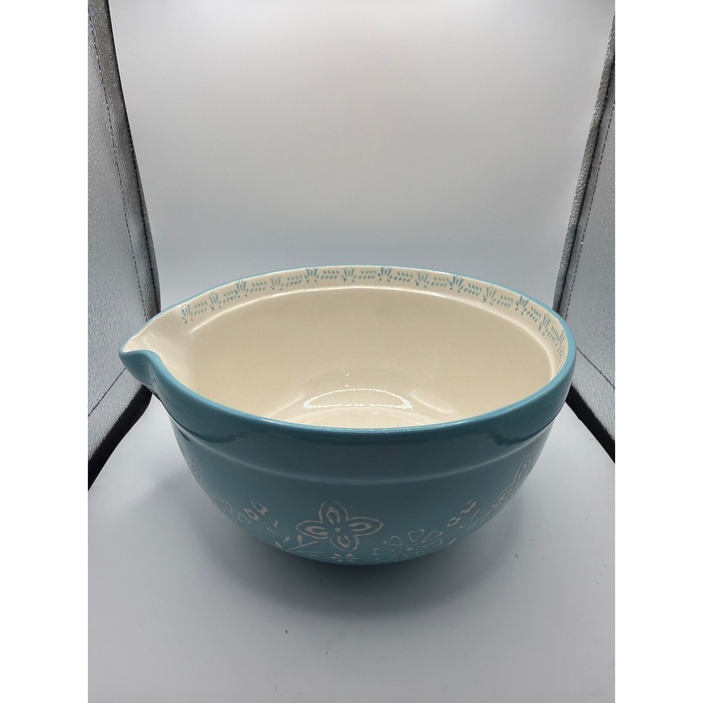 Pioneer Woman 1.5 Quart Stoneware Mixing Batter Bowl Pour Spout MAZIE Aqua 7.5"